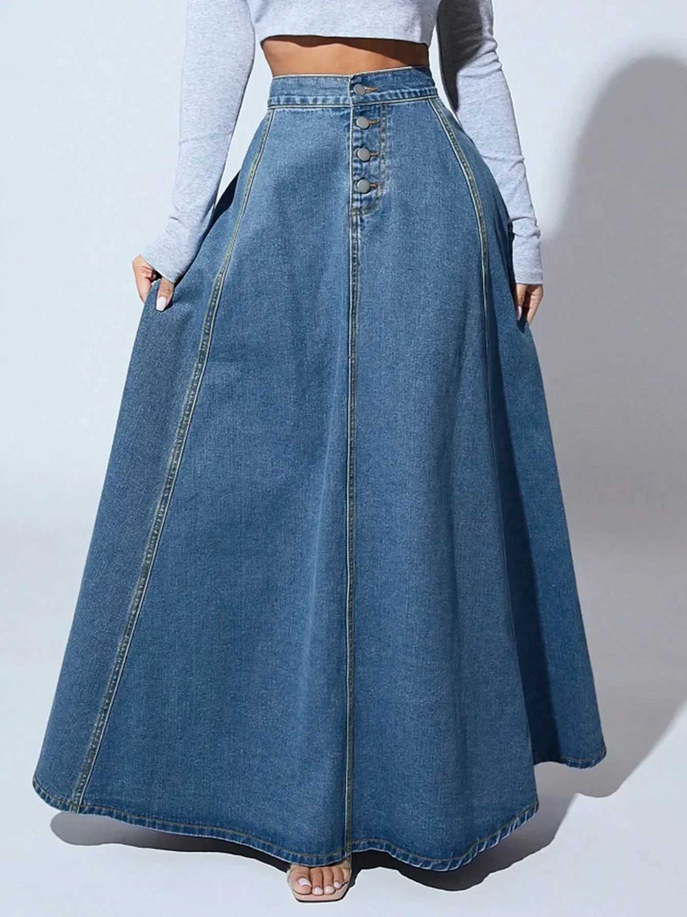 Denim Skirts Women Long Skirt A Line Single Breasted High Waist Jeans Vintage Maxi Simple Casual Elegant Splice Y2k Streetwear M260316