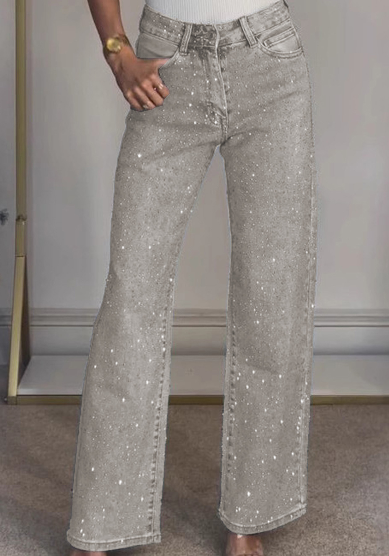 Women's Jeans Women's full-rhinestone washed jeans, high-waisted straight-leg pants with a sophisticated look, trendy long pants for women