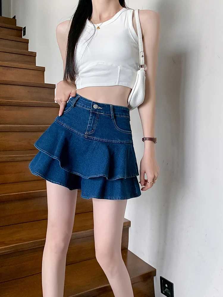 Vintage Woman Denim Shorts Skirts Summer 2023 Streetwear All Match Washed KAWaii Gown Ruffles Mini Jeans Saias Femme M260316
