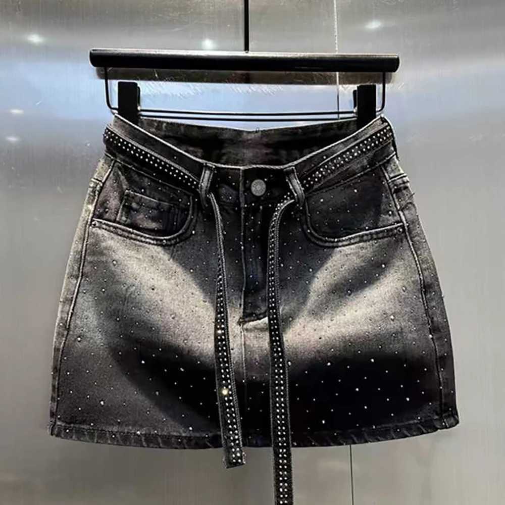 Oversize Retro Denim Mini Skirt for Women Summer High Waist Shiny Rivet Slim Skirts Gradient Black Grey Jean Skirts M260316