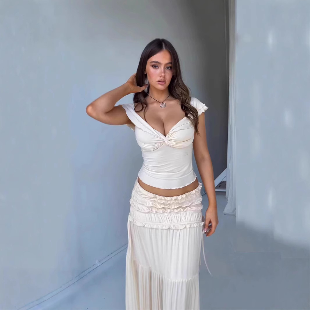 3D Flower Strapless Top Twisted Long Skirt Set Slim Fit Vest Blouse Ribbon Lace Up High Waist Crop Yarn Wrap Hip Skirts Women 250711