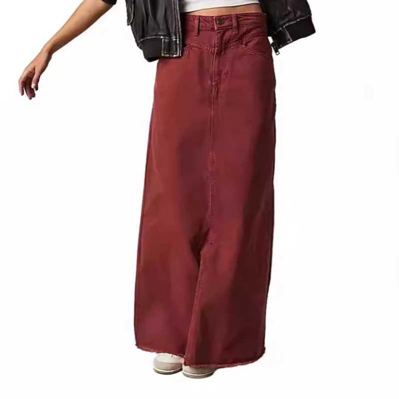 Long Skirts Denim Skirt Women Slim High Waist Straight Casual Jeans Streetwear Elegant Splice Blue Summer Button Pocket 2025 M260316