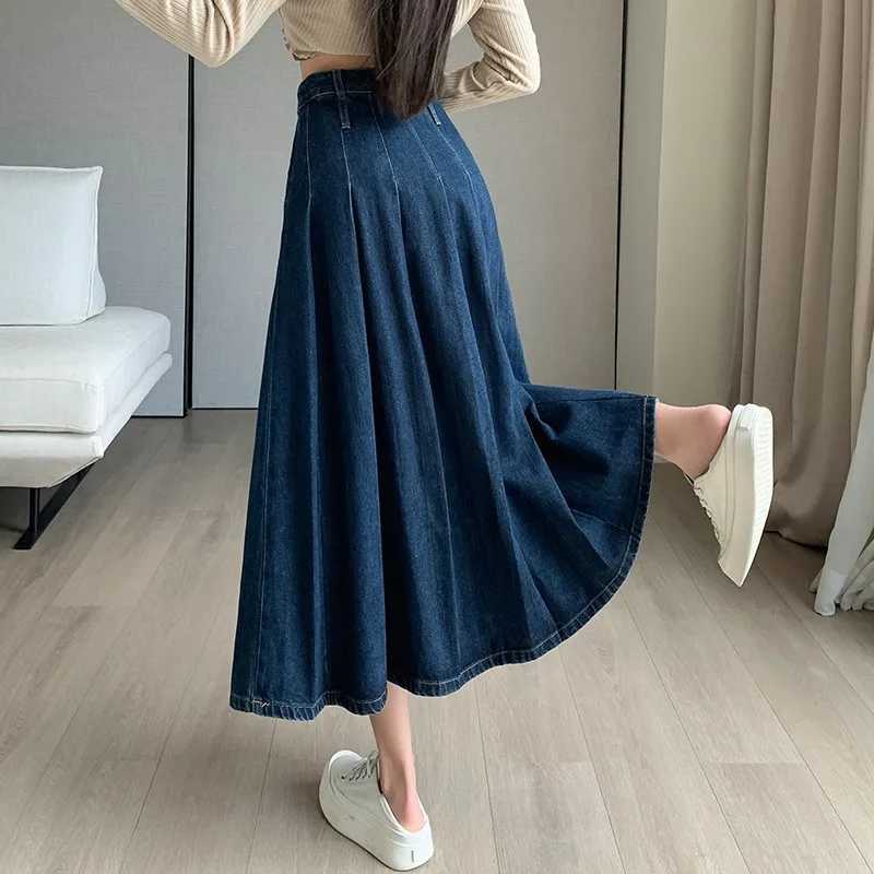Minimalist Pleated Denim Skirts Spring Autumn High Waist Washing Ladies Straight Loose Folds Mini Skirts Lady Big Swing Skirt M260316