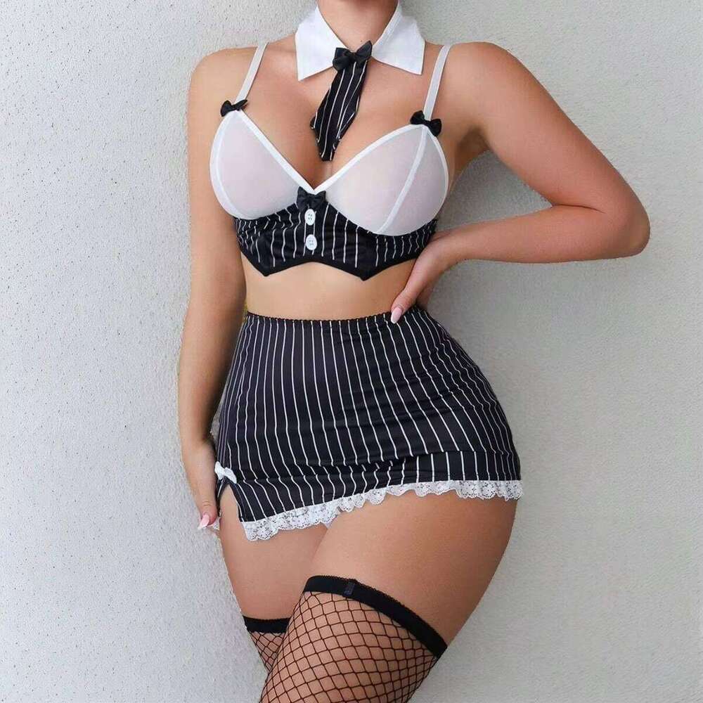 High Quality Sexy Striped Bow Tie Miniskirt Uniform Costume Seductive Erotic Lingerie Set