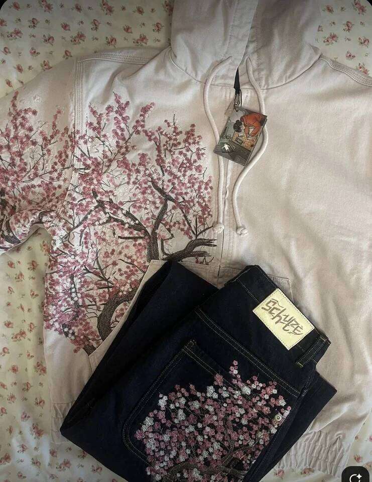 Sakura embroidered wide-leg pants y2k low-waist hip-hop clothing men wons decorated with loose jeans vintage style 26W0316
