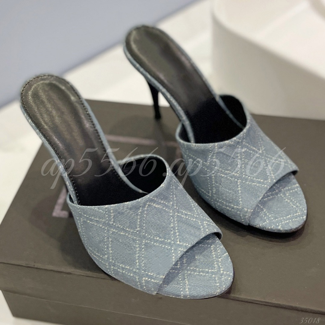 Women's Denim Monogram Peep Toe Mule Heels, Stiletto High Heel Slide Sandals for Party and Daily Wear