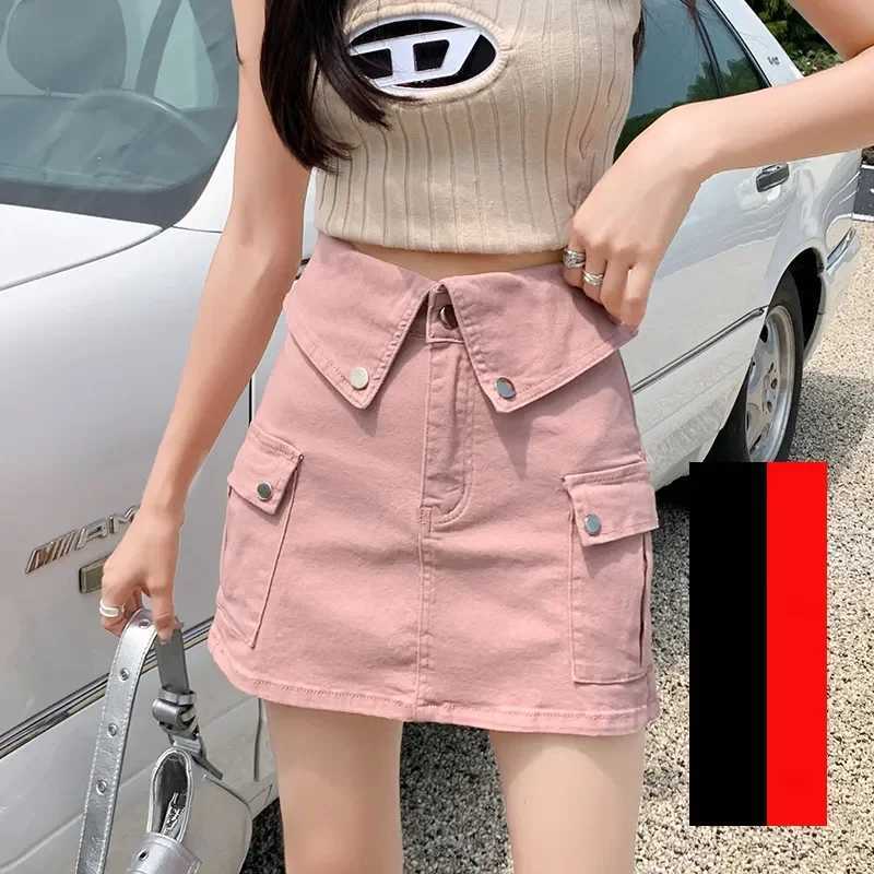 Fashionable Flap Pocket Button Skirts Female Clothing American High Waist Spring Summer New Solid Color Denim Cargo Mini Skirts M260316