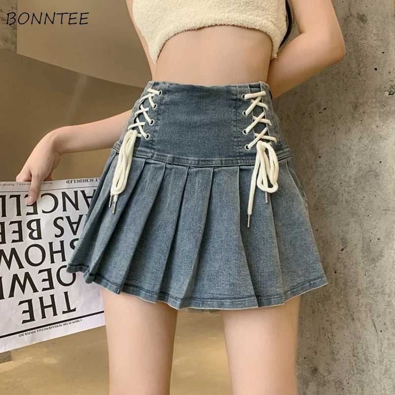 Denim Pleated Skirts Women Cute Lace-up Chic ish Summer Mini Skirt Korean Style Fashion Sexy High Waist Streetwear College M260316