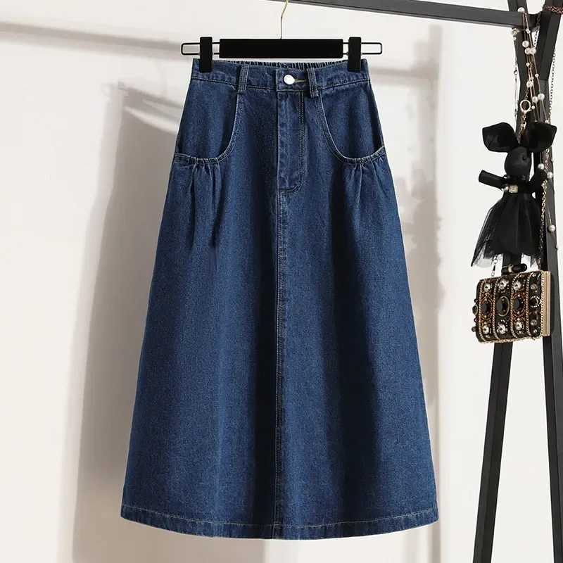 High Waist Denim Long Skirt Women New Arrival 2025 Spring Vintage Style Solid Color Loose Ladies Elegant A-line Skirts M260316