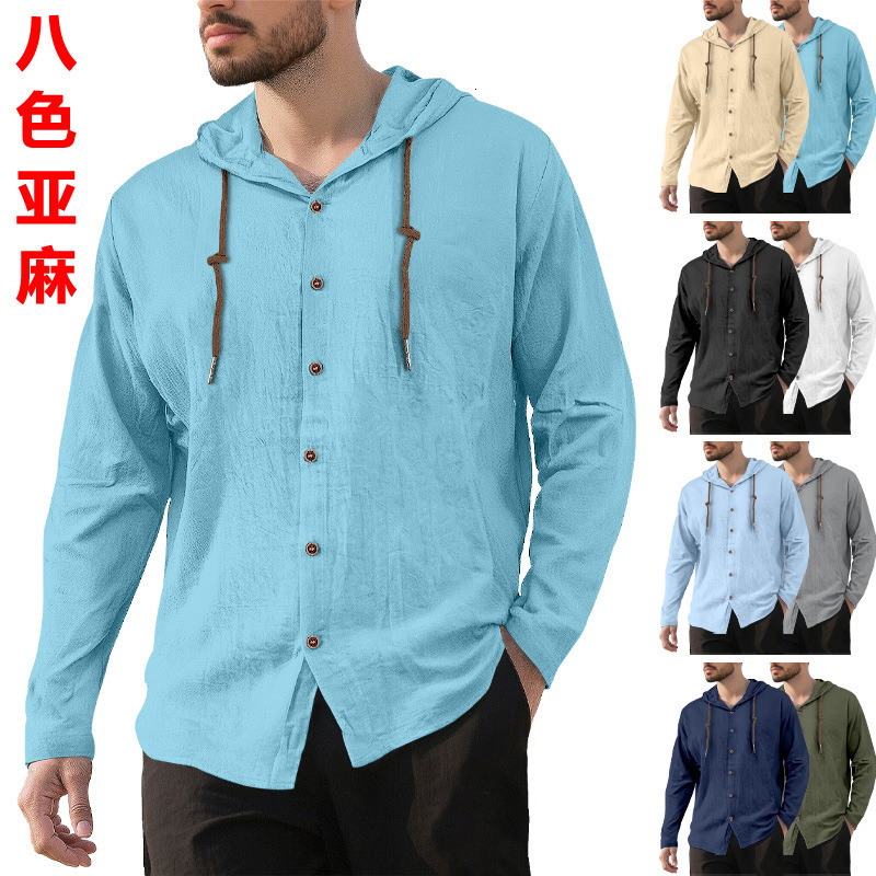 European And American Polo Hawaiian Men's Simple Cotton Designer T-shirt Linen Casual Designer Hoodie Loose Breathable Long Sleeve Solid Color Hooded Shirt