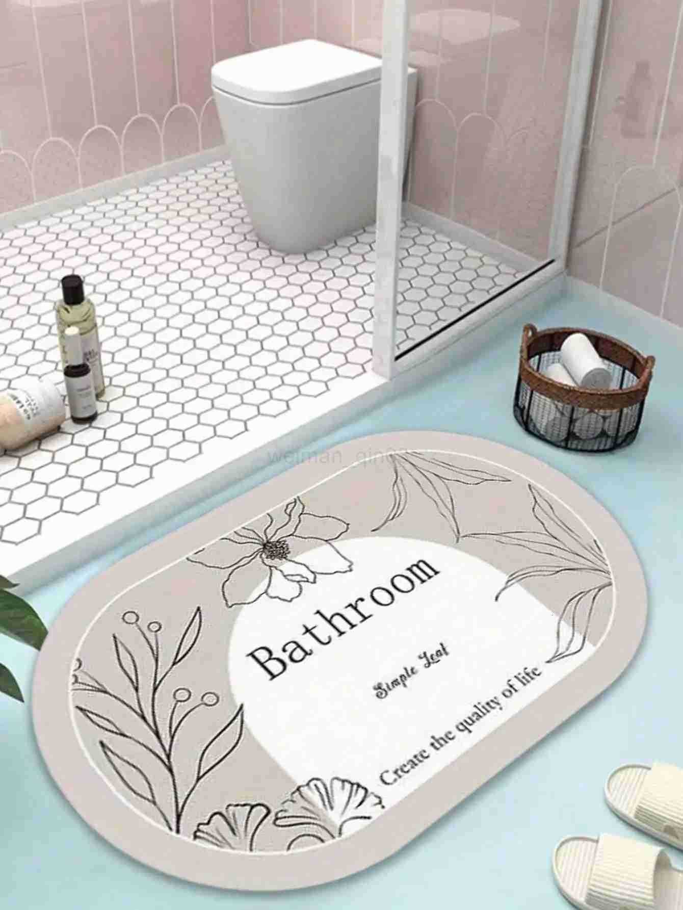 1Pc Oval Minimalist Floral Letter Bathroom Mat Quick Drying Super Absorbent Silicone Floor Mat for Home H260316