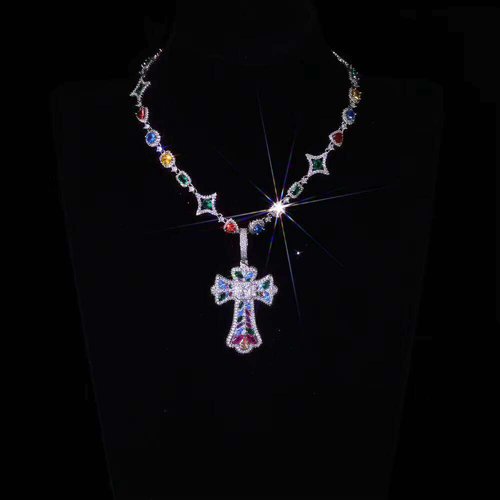NUOYA Iced Out Colorful Cross Pendant Necklace Gold Plated Large Baguette CZ Diamonds Custom Charm Design Hip Hop Jewelry - view 7