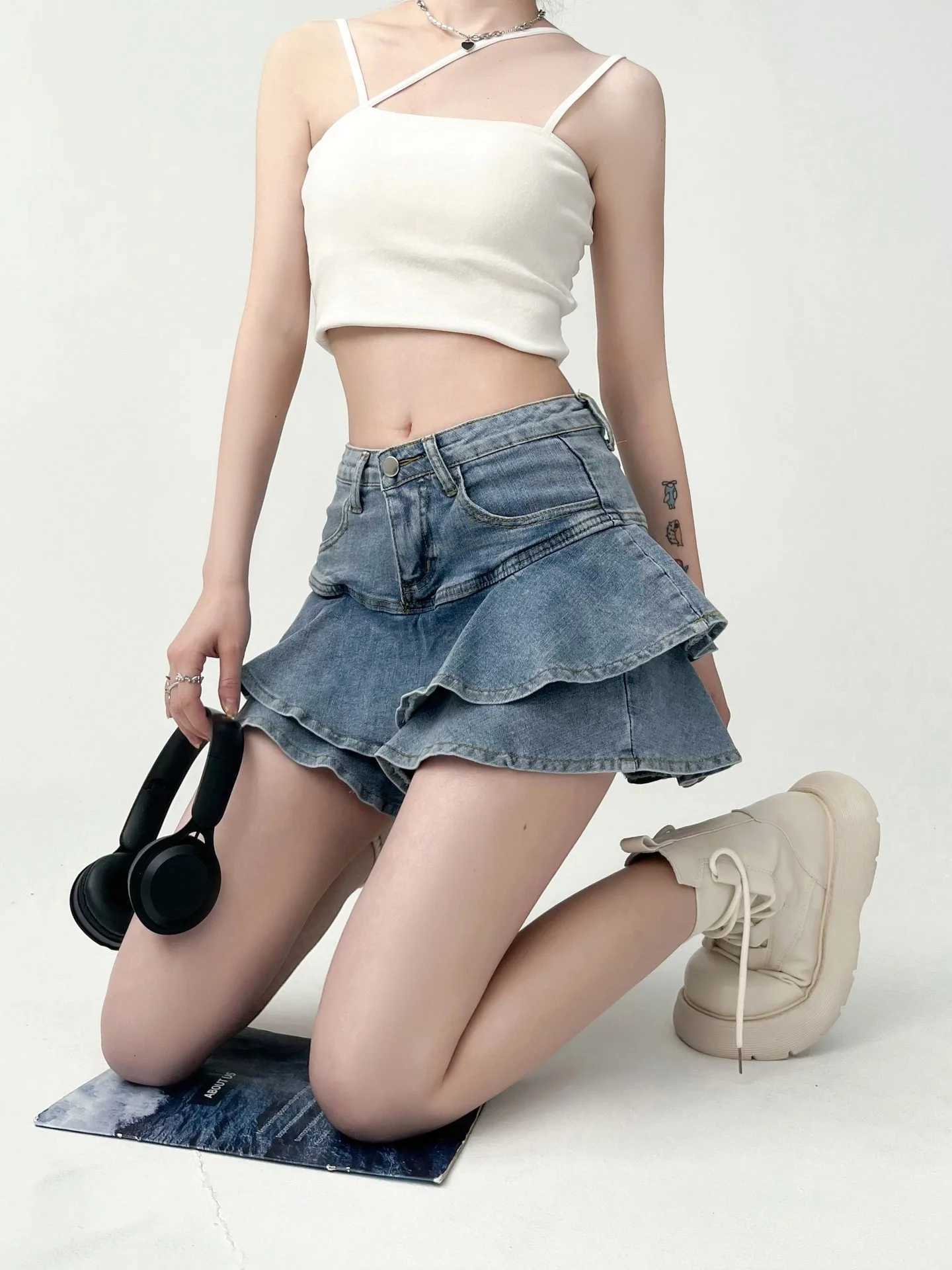 Spice s Denim Skirt Anti-Slip Double Denim Skirt Womens Stretch High-Waisted Slimming A-Line Cake Skirt M260316