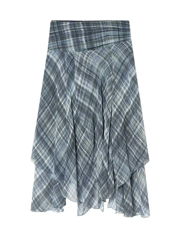HH Women Vintage Plaid Midi Skirt Irregular Hem High Waist Pleated Skirts Female Casual Fashion High Street Lady Chic Skirts M260316