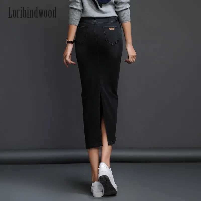 Classic Denim Women 2023 Long Jean Skirt High Waist Pencil Skirt Ladies Stretch Black Blue Faldas Largas Jupe Longue Femme M260316