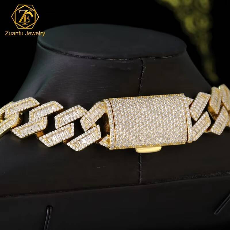 Luxury Big 20mm Hip Hop Baguette Moissanite Cuban Link Chain Gold Plated 925 Sterling Silver VVS Diamond Cuban Necklace