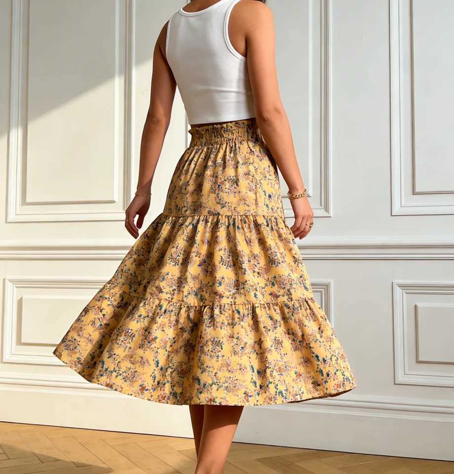 Womens Floral Tiered Midi Skirt Elegant a Line Half Skirt with Elastic Waistband Perfect for Spring Summer Casual Wear M260316