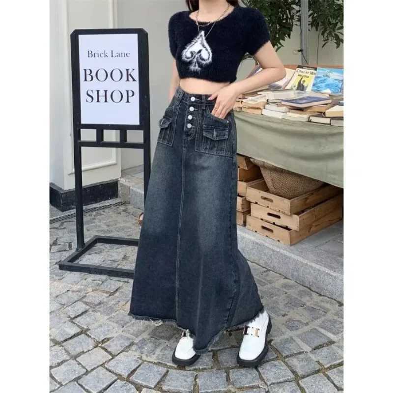 2024 New Streetwear Denim Skirt Spring Summer Fashion Frayed Hem Pocket High Waist Long Jeans Skirt Loose Plus Size Skirt S-5XL M260316