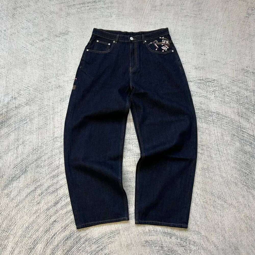 Sakura embroidered wide-leg pants y2k low-waist hip-hop clothing men wons decorated with loose jeans vintage style 26W0316