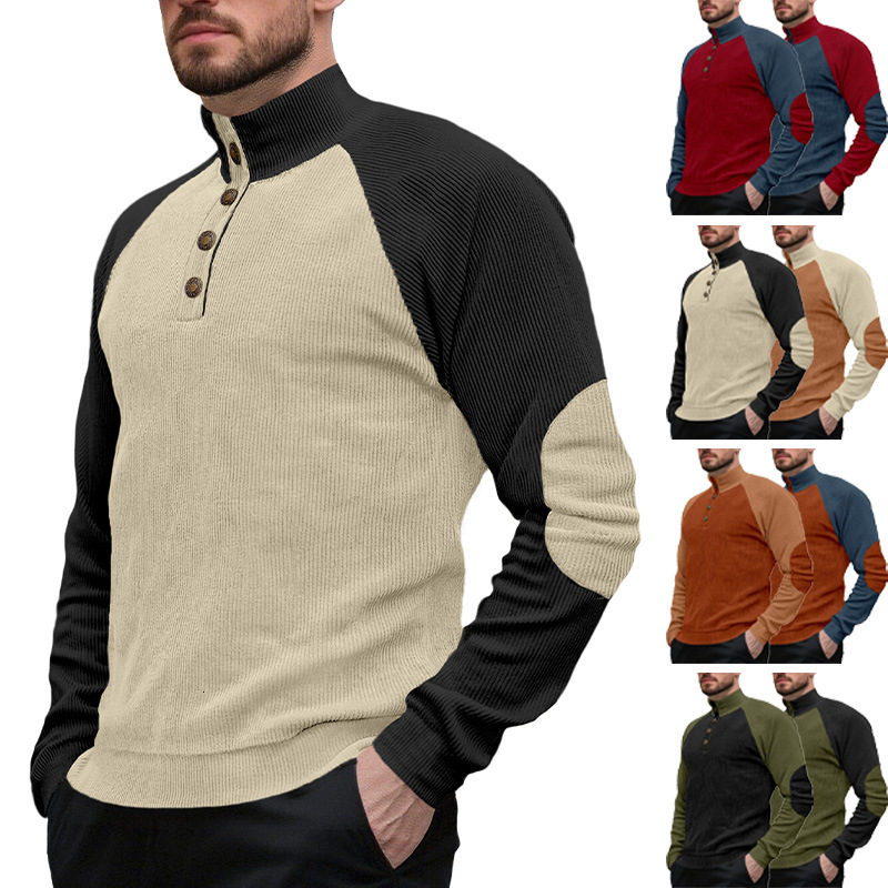 New Men's Long Sleeve Stand Collar Designer T-shirt Outdoor Designer Hoodie Swea Corduroy Polo Button European And American Casual Sports Henley