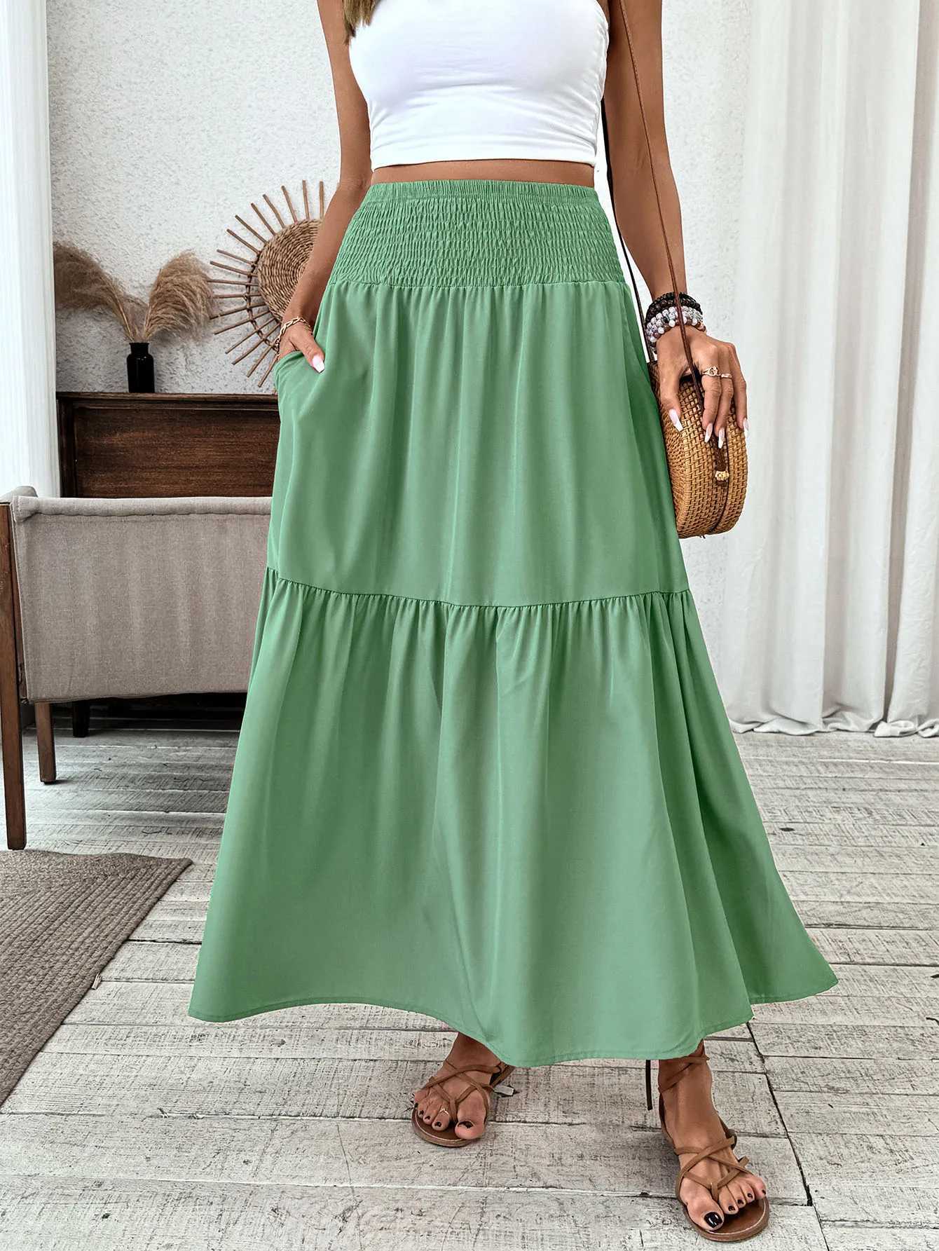 Womens Boho Skirt Elastic High Waist Pleated A-Line Flared Maxi Skirts Womens Flowy Long Skirts M260316