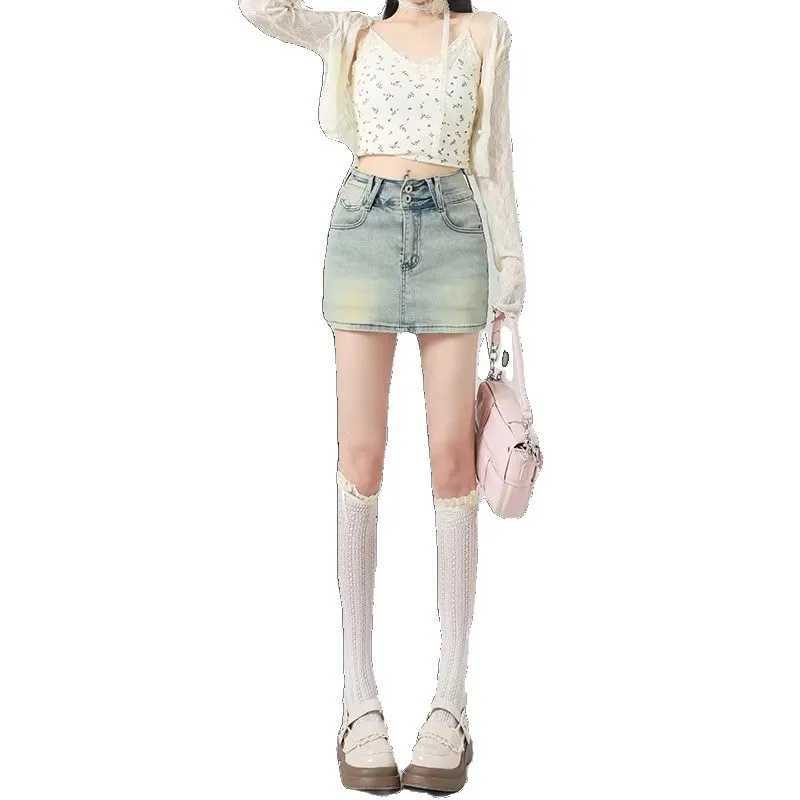 High Waist Denim Mini Skirt Womens Summer 2025 New Small Thin Spicy Meat Covering A- Line Wraparound Half-length Skirt M260316