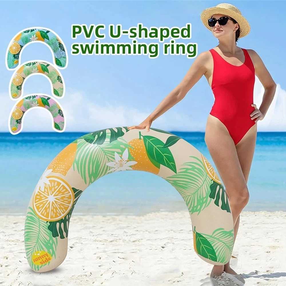 Inflatable Lemon Tropical Leaf Print Pool Float Adult Size Swimming Ring for Summer Beach Pool Party Water Fun M260316