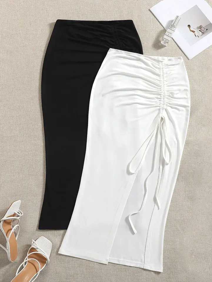 New womens elegant high waist knitted polyester skirt solid color spring summer and autumn long skirt drawstring side slit M260316