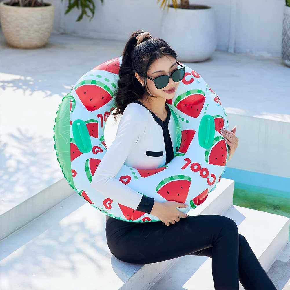 Inflatable Swim Ring Pool Floating Rings Leakproof Blow Up Swim Tube Watermelon Pattern Striped Pool Rings for Kids Youth Adults M260316