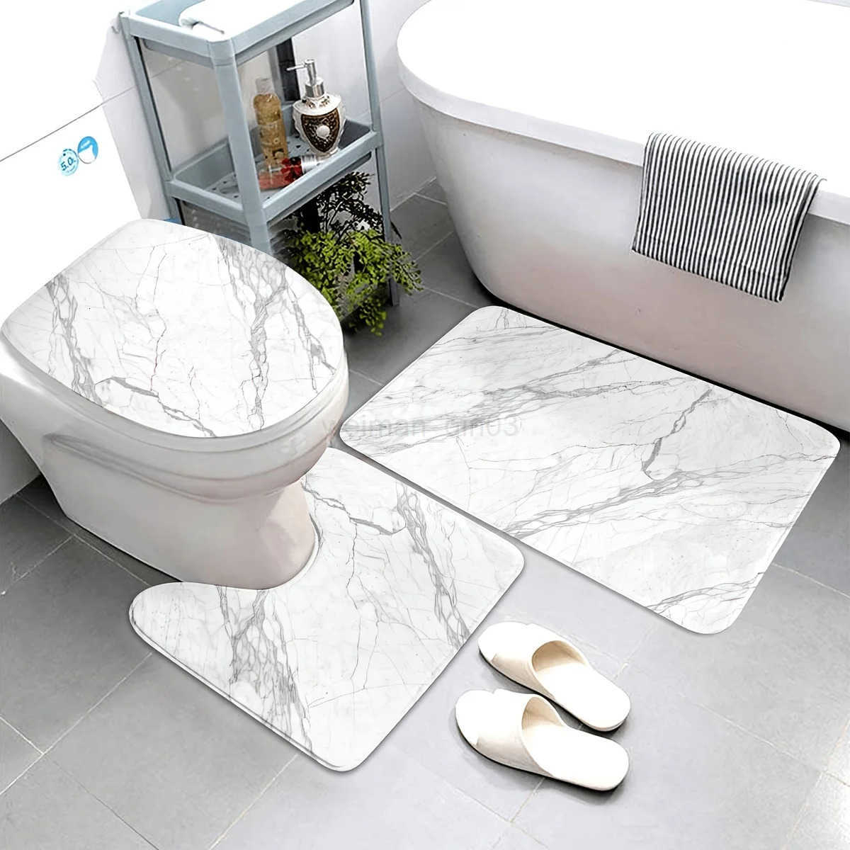 3PCS Marble Bath Mat Set Non-Slip Machine Washable Includes Floor Mat Toilet Cover Christmas Decor Polyester Bathroom Upgrade H260316