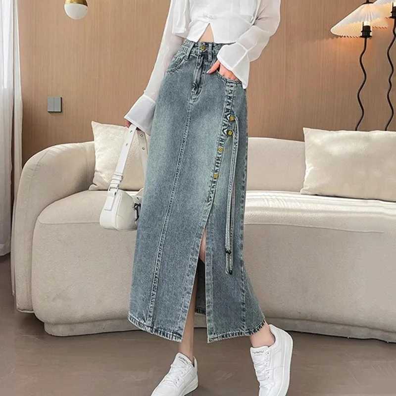 Fashion Side Tie Denim Skirt Ladies Women High Waist Harajuku Korean Style A-line Long Skirt For School Casual Faldas M260316