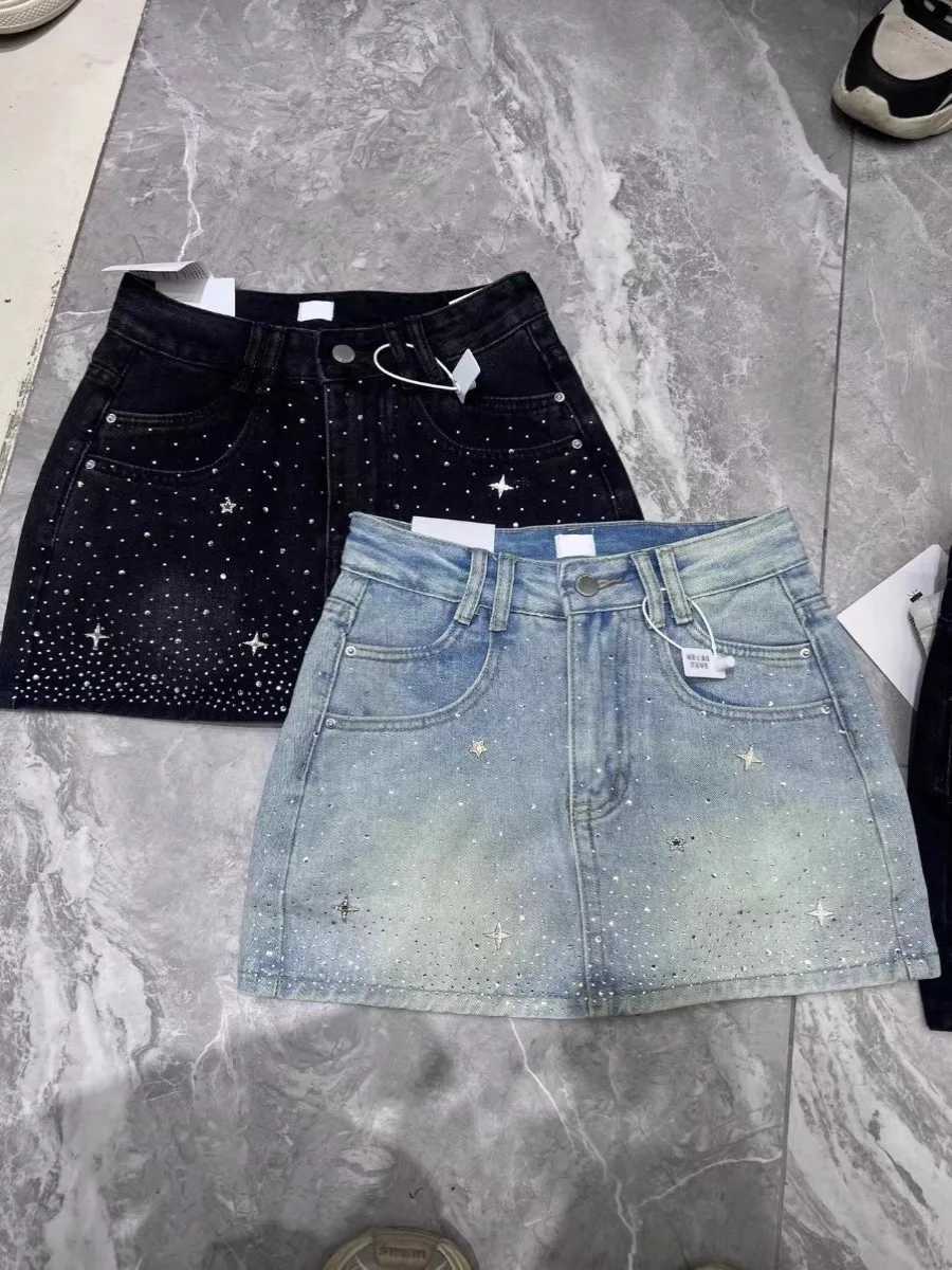 Summer Rhinestone A-line Denim Skirt for Women Star Pattern Zipper Pocket Short Skirts Fashion High-quality Slim Fit Jeans skirt M260316
