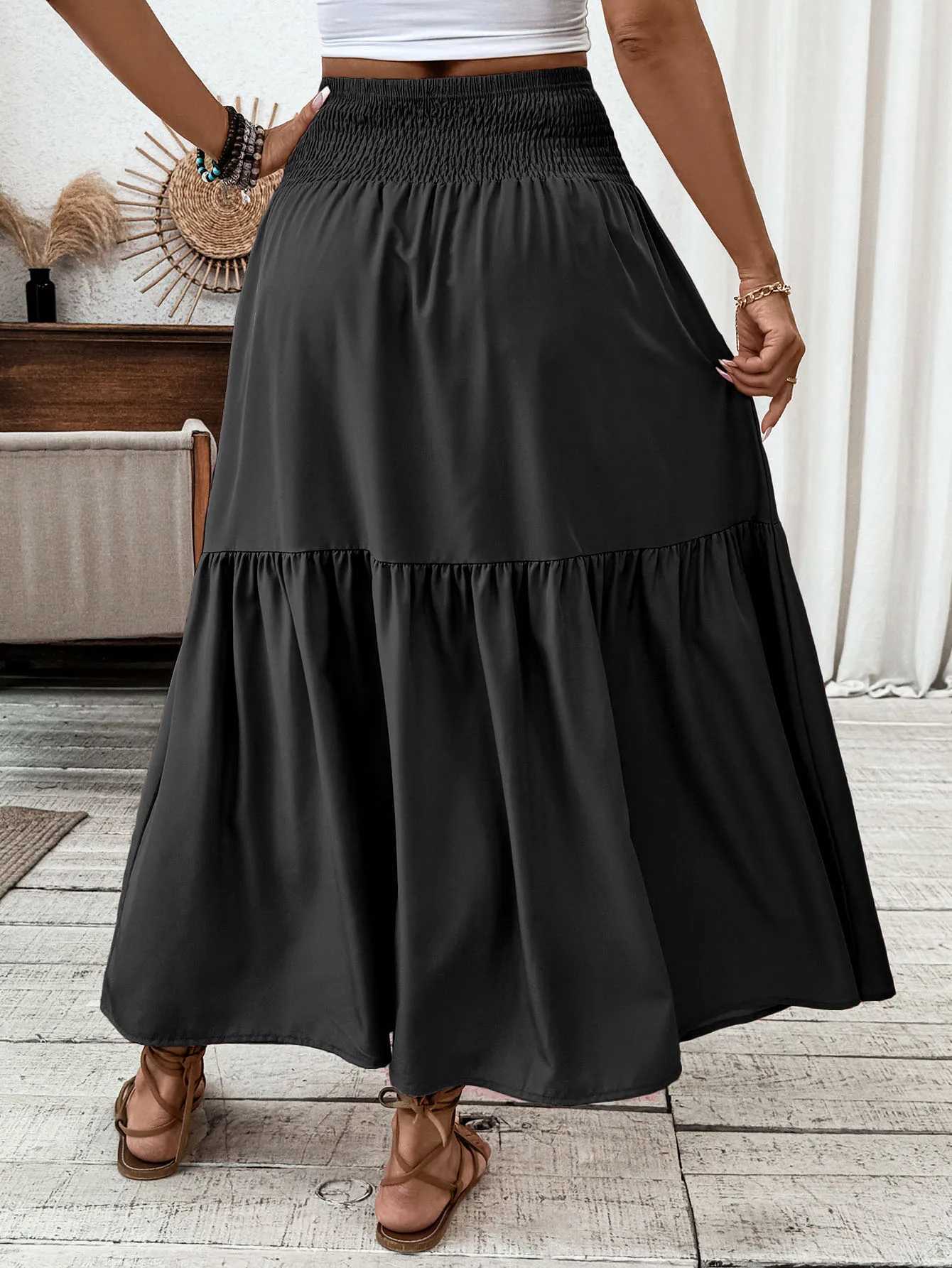 Womens Boho Skirt Elastic High Waist Pleated A-Line Flared Maxi Skirts Womens Flowy Long Skirts M260316