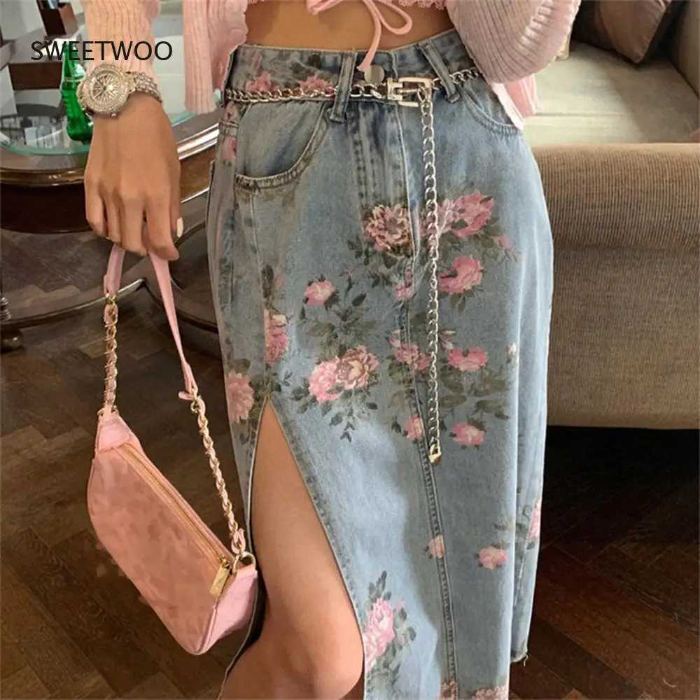 Streetwear Vintage Flowers Print Long Denim Skirts Summer 2021 High Waist Slim Sexy Open Split Straight Skirt Jeans Saias Female M260316