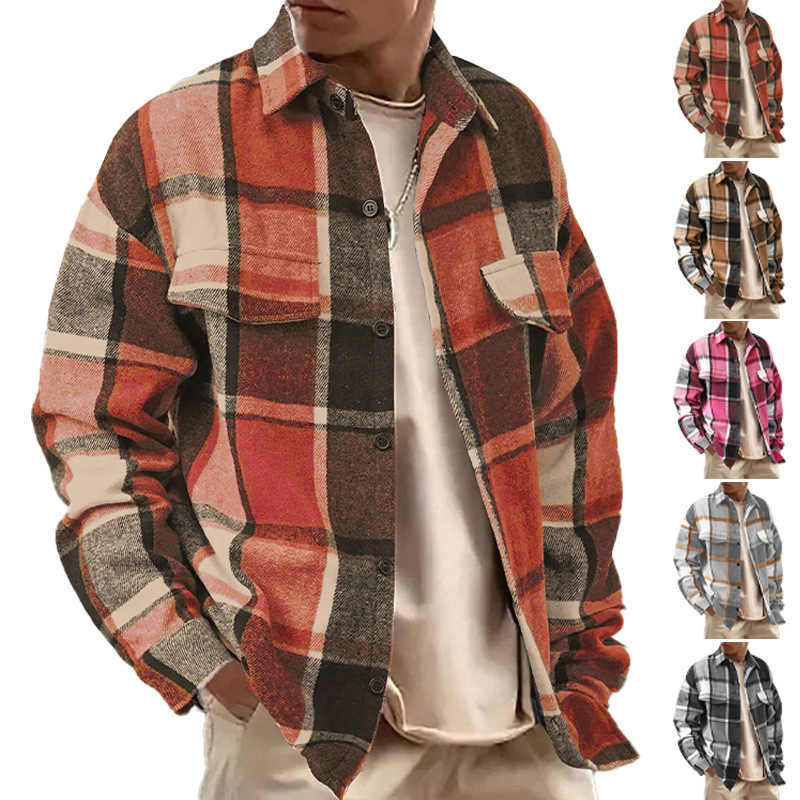 European And Designer Jacket American Elegant Collared Checkered Men's Shirt Vintage Brushed Casual Longsleeve Jacket