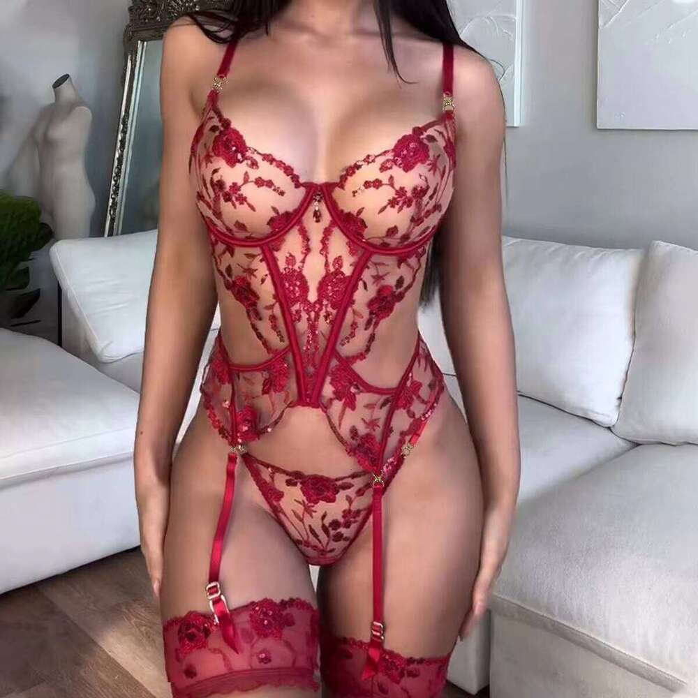 Women Sex Gemstone Heavy Sensual Set Rose Embroidery Perspective Valentine's Day Red Color Lingerie