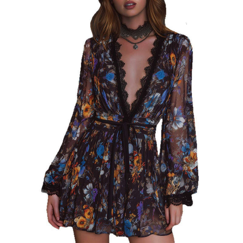 Vintage Floral Printed Pleat Mini Dress for Women Elegant Lace Spliced Sexy Deep-V Long Sleeve Party Dress Summer Chiffon Dress