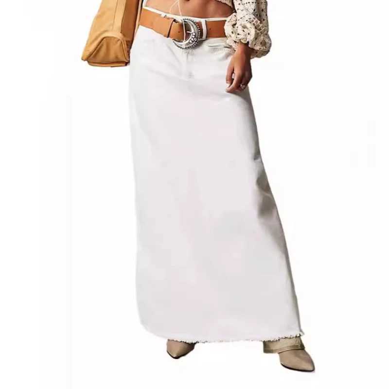 Long Skirts Denim Skirt Women Slim High Waist Straight Casual Jeans Streetwear Elegant Splice Blue Summer Button Pocket 2025 M260316