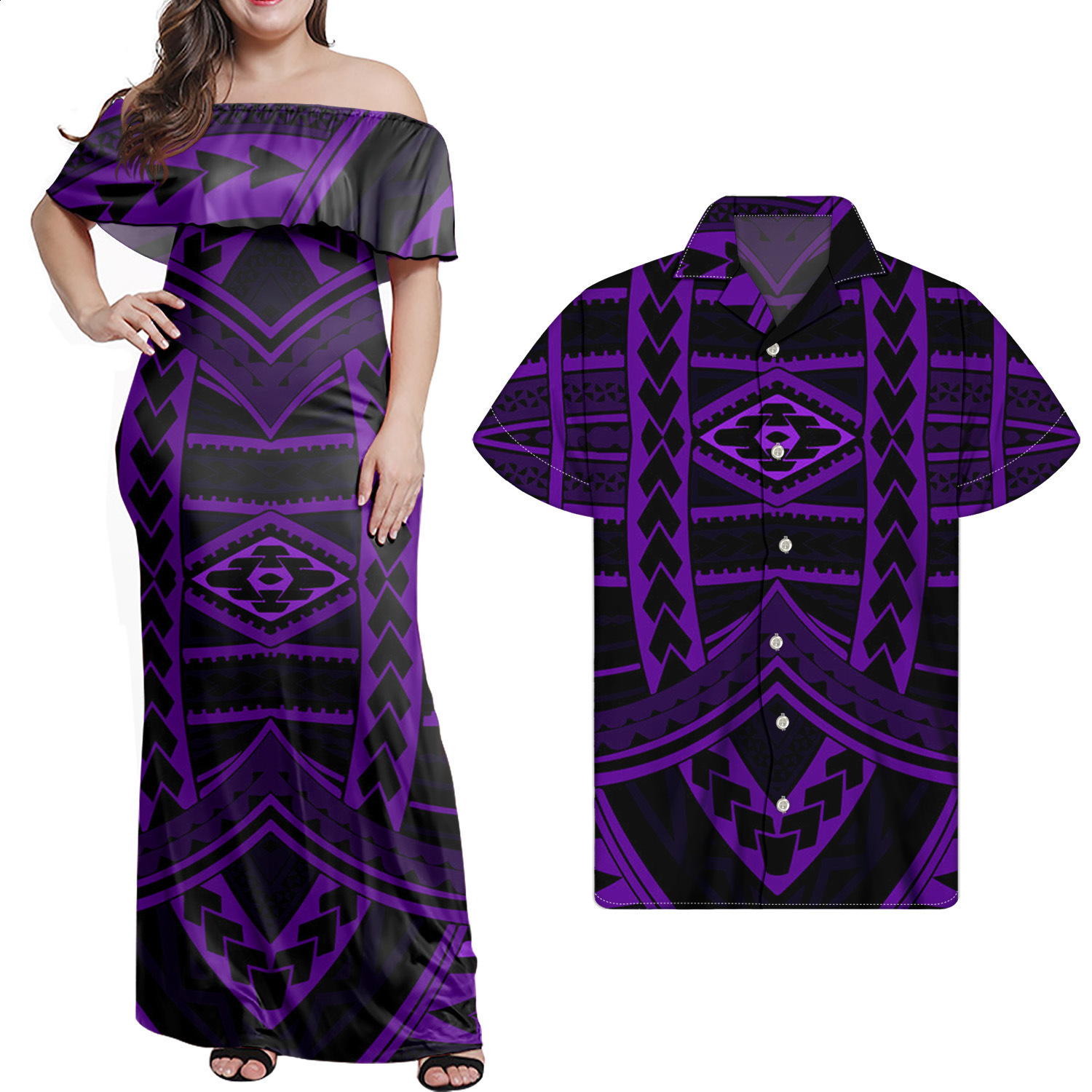 Polynesian Tribal Sublimation Print Lady Party Mermaid Style Dress Women's Long Fishtail Dress And Men Shirt Couple Suit 220628