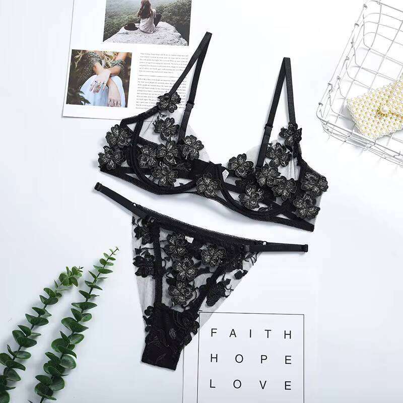 2025 New Product Sexy Bra Embroidery Flower Perspective Women's Sex Underwear Set