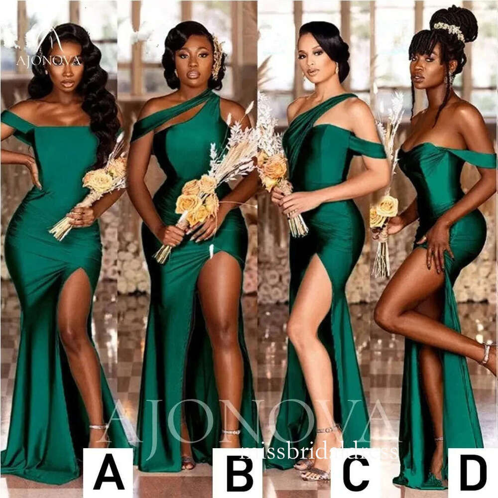 Hunter Green Satin Party Dress For Wedding Side Split Bridesmaid Dresses Off The Shoulder Elegant Gowns Weddings Evening Robe Under 70 Bc11220 B0316