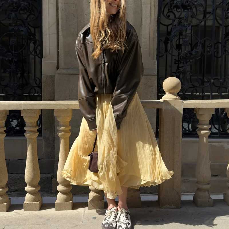 MUJER Yellow Pleated Long Skirts for Women Layered High Waist Midi Skirt Woman Summer Ruched Womens Skirt Beach Skirt Women M260316