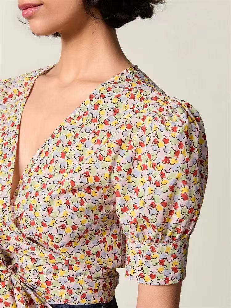 Frenchstyle RO Designer Hoodie New Summer Fshion Pure Cotton Printed Vneck Puff Polo Shirt Sleeve Wrpround Designer Shirt Tie Shirt Short Top