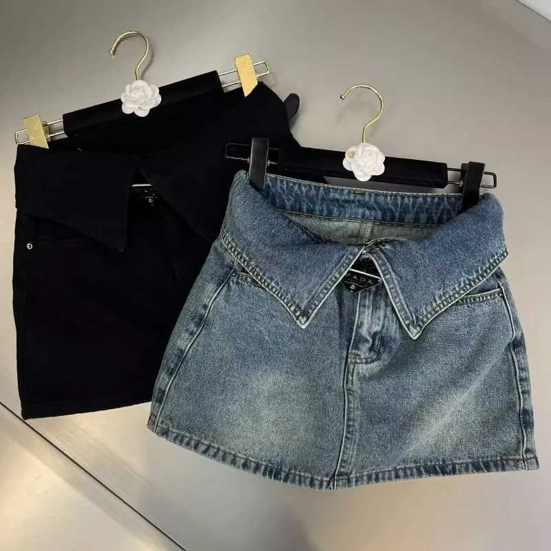 2024 summer Korean style niche design slimming high waist cuffed denim short skirt for women anti-exposure A-line hip skirt M260316