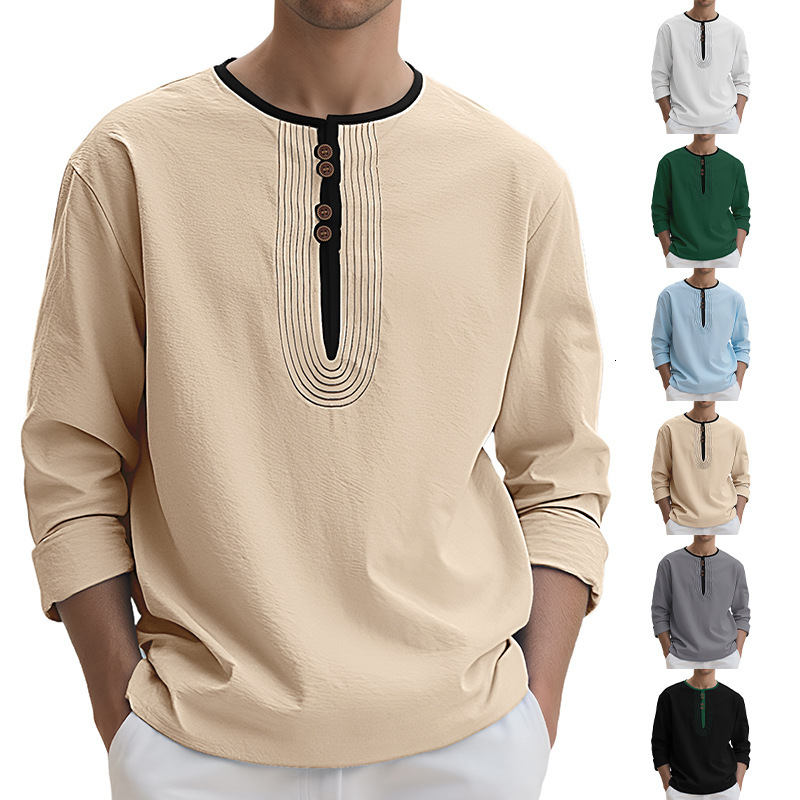 Henry Collar Polo European And American Men's Designer T-shirt Solid Color Linen Loose Casual Sports Designer Hoodie Long Sleeve