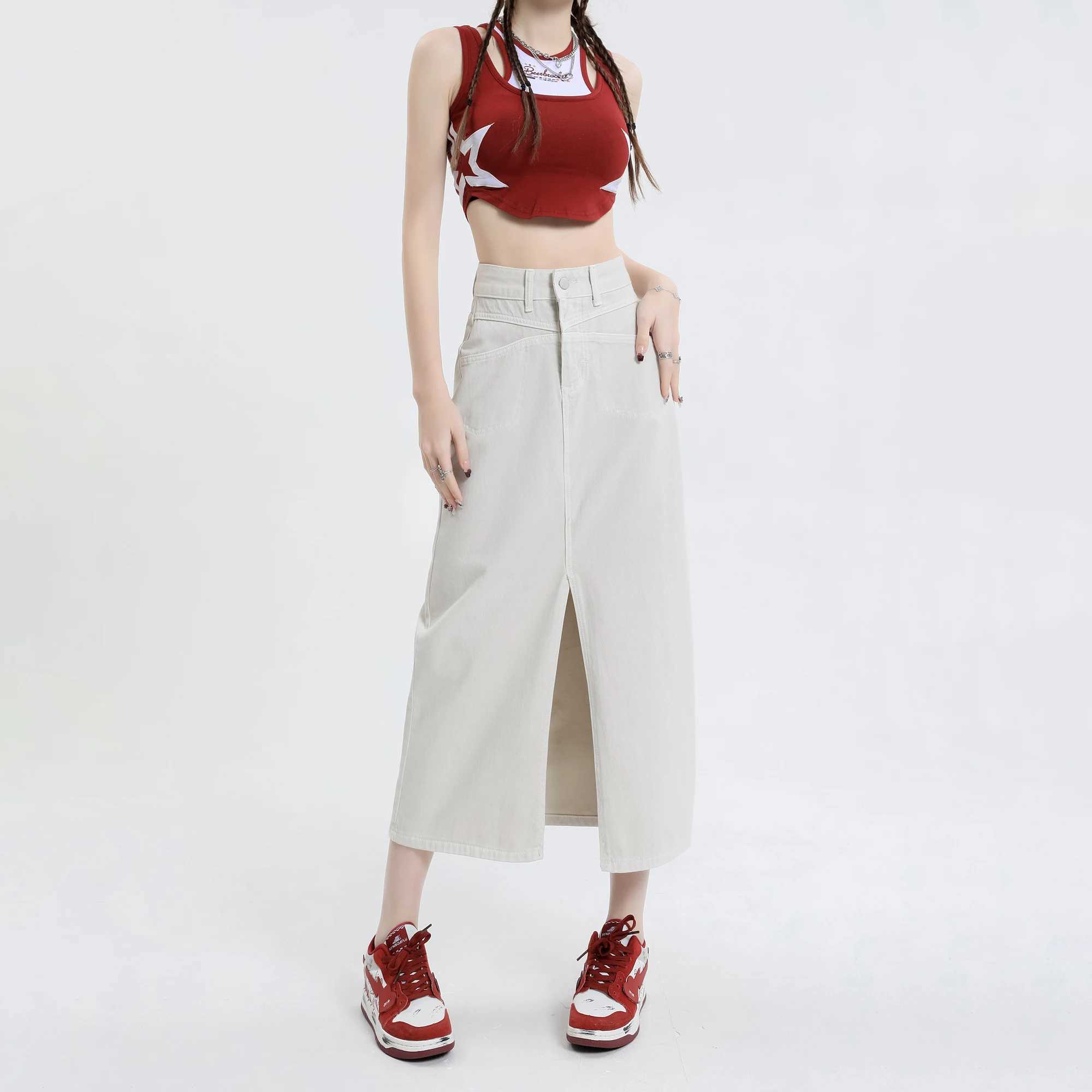 2026 New Women Slit A-line Midi Skirt Korean Female CloTHing Cotton Pink Y2k Denim Long Skirts Womens CloTHing M260316
