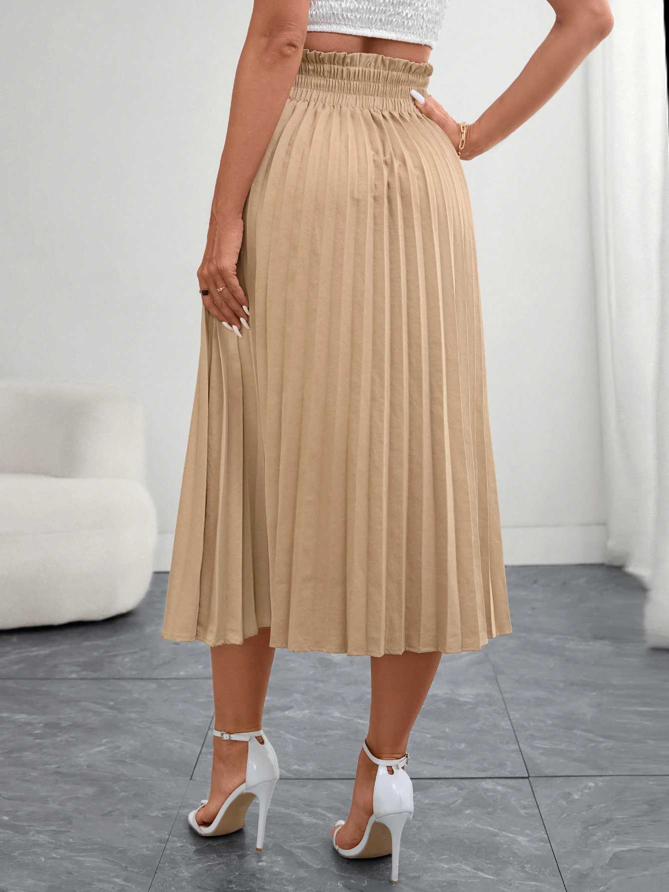 Womens Beige Pleated Midi Skirt Elegant a Line Half Skirt with Elastic Waistband Perfect for Office Wear M260316