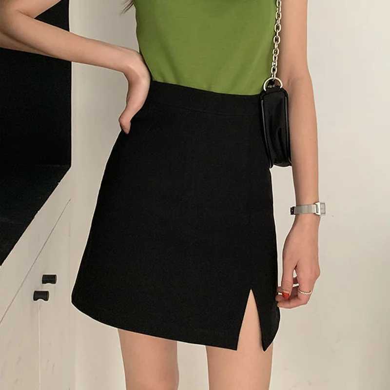 Skirts Women Split Elegant Office Ladies Spring Mujer Faldas Casual Hot Sale A-line Black Design Comfortable Ulzzang M260316