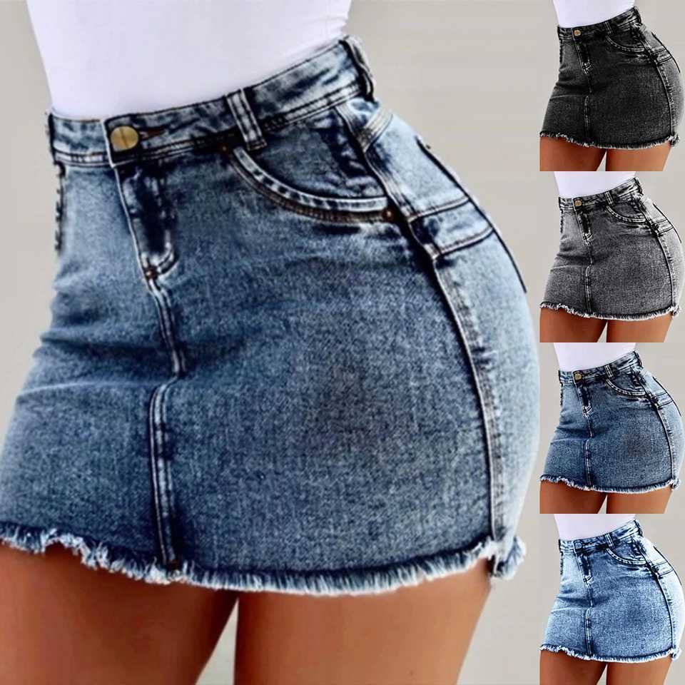 PYL Summer Womens Jean Skirts HIgh Waist Short Denim Bodycon Skirt Frayed Raw Hem Holiday Slim Fit Skirts Dresses M260316