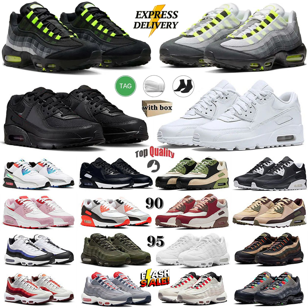 With Box Designer 95 Running Shoes 90 Womens Sneakers Mens Trainers Triple Black White Neon Yellow Cool Grey Olive Thick cushion bottom Sports shoes EU36-46